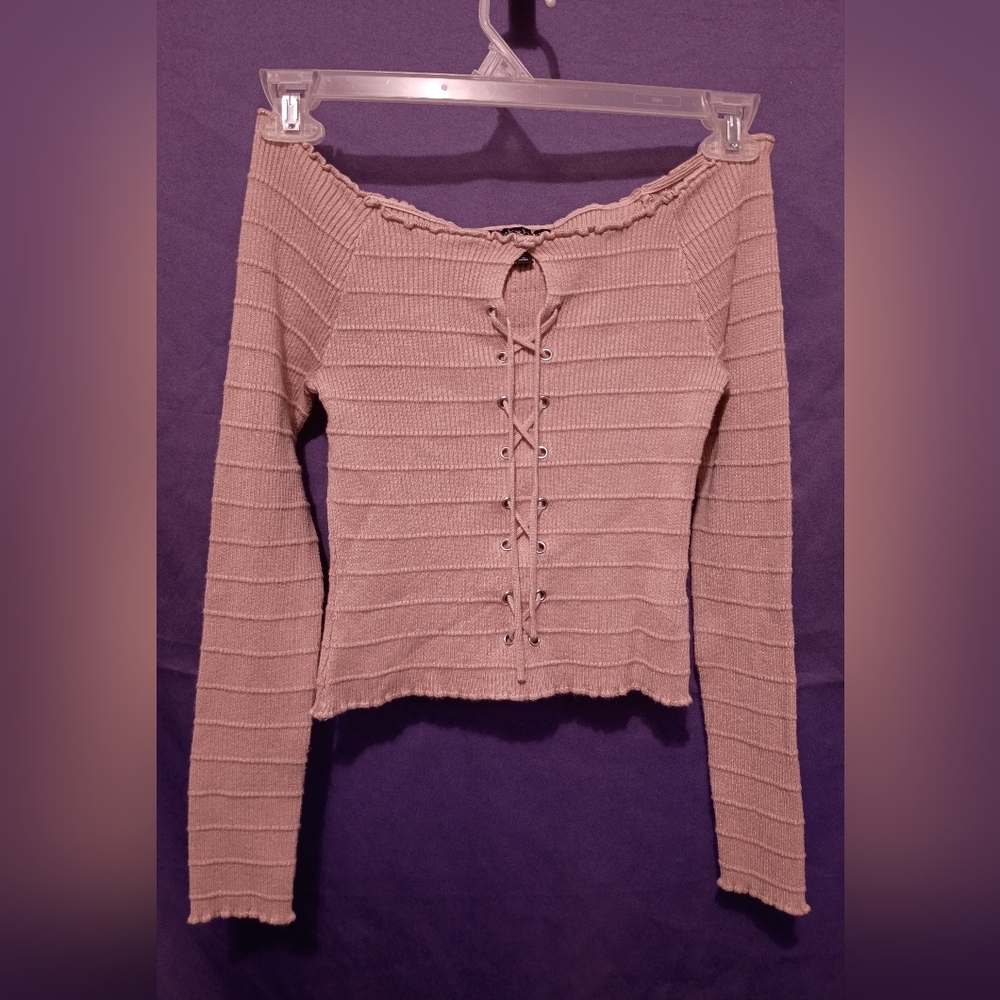 Derek Heart Mauve Ribbed Lace-Up Long Sleeve Top